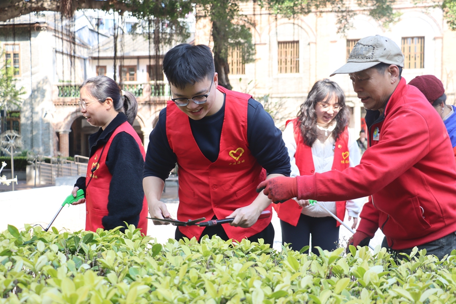 志愿者修剪灌木